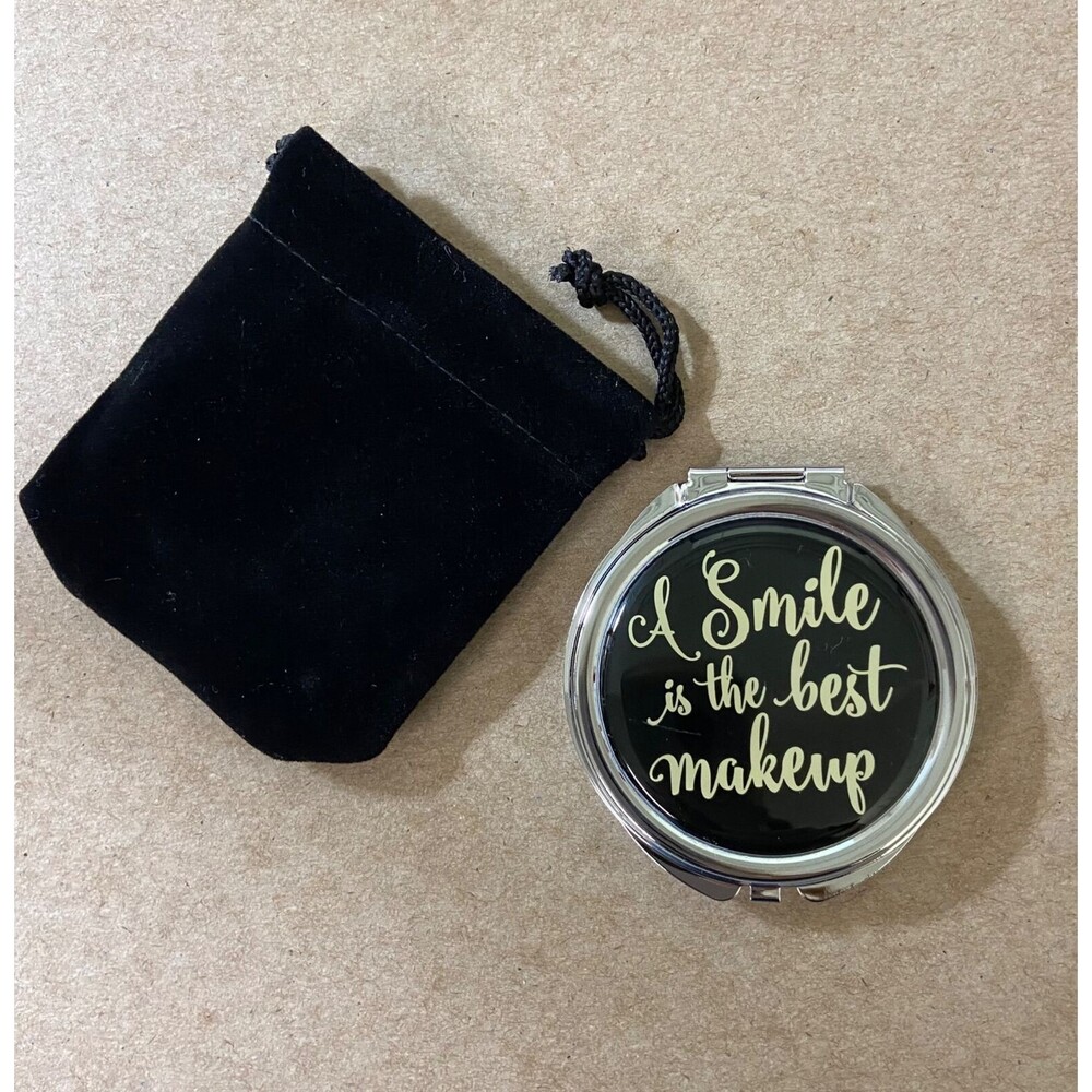 Ganz A Smile is the Best Make Up Mini Compact Mirror with Fabric Pull Bag nwt